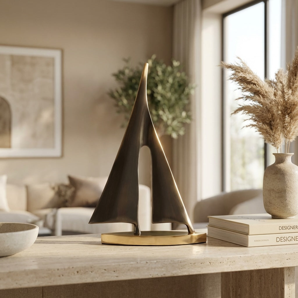 Scultura moderna a forma di barca a vela in rame — Finitura dorata, altezza 7.9 in