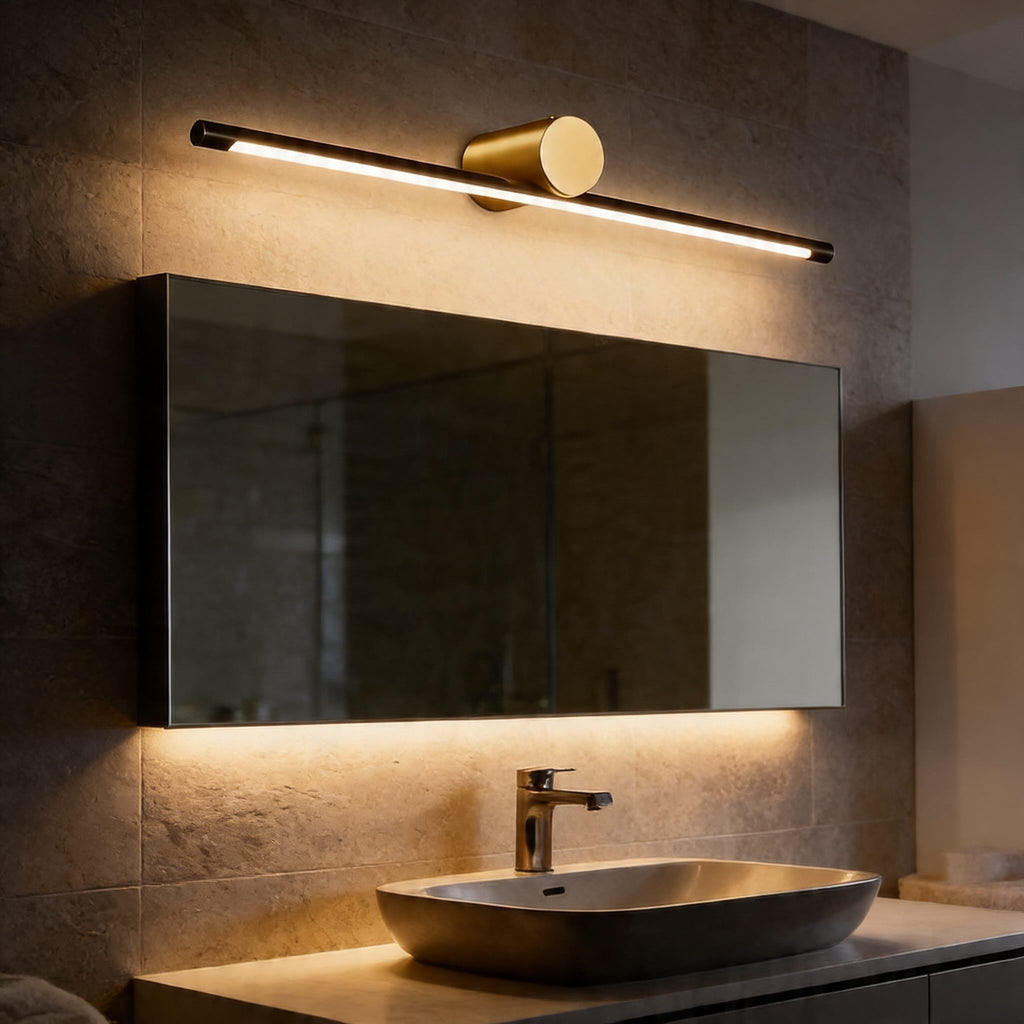 Modern linjär väggmonterad badrumslampa — linjär design i koppar, akrylpanel, dimbar LED
