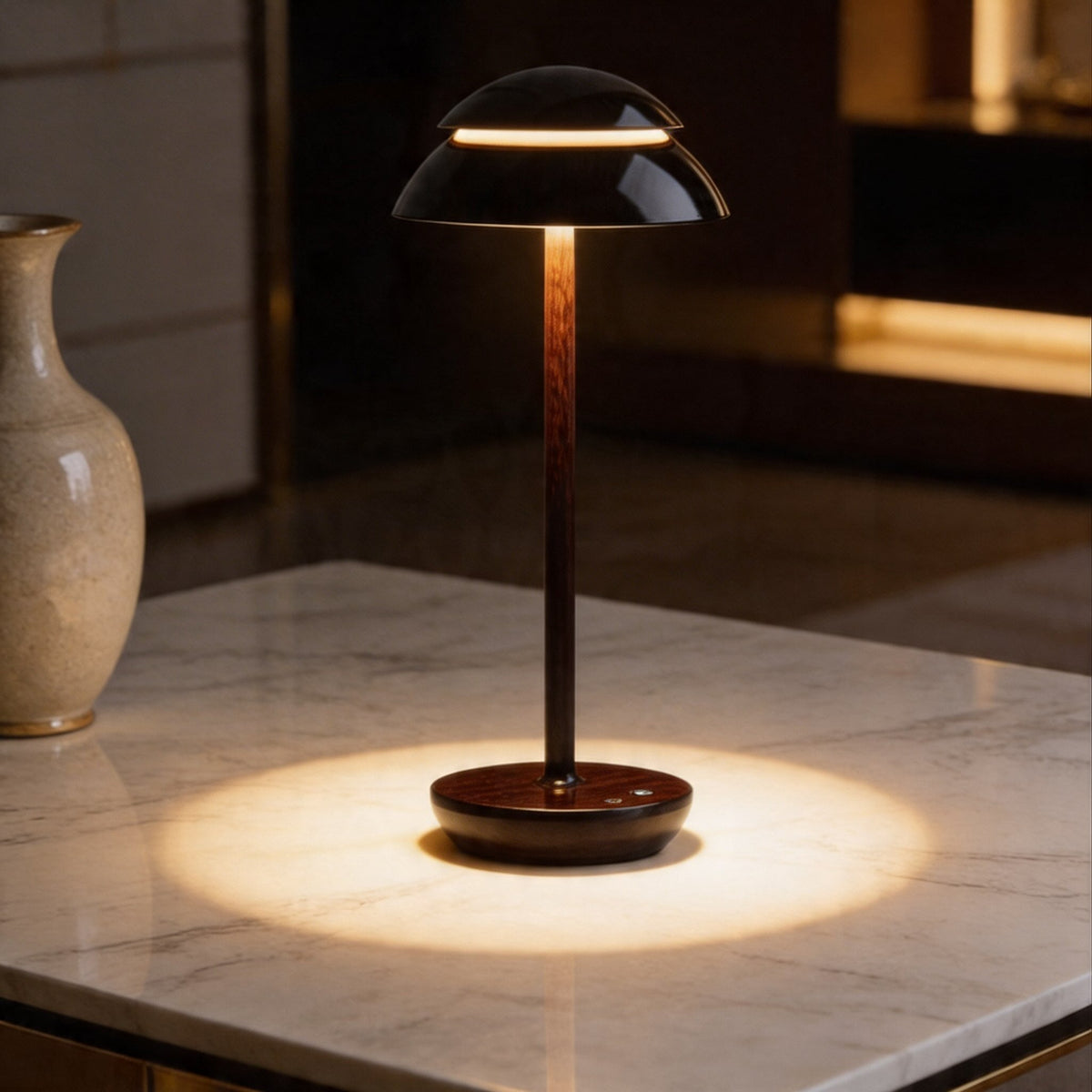 مصباح طاولة عصري بتصميم الفطر - لاسلكي، معدني، LED قابل للتعديل، تحكم باللمس، 3 درجات حرارة لونية