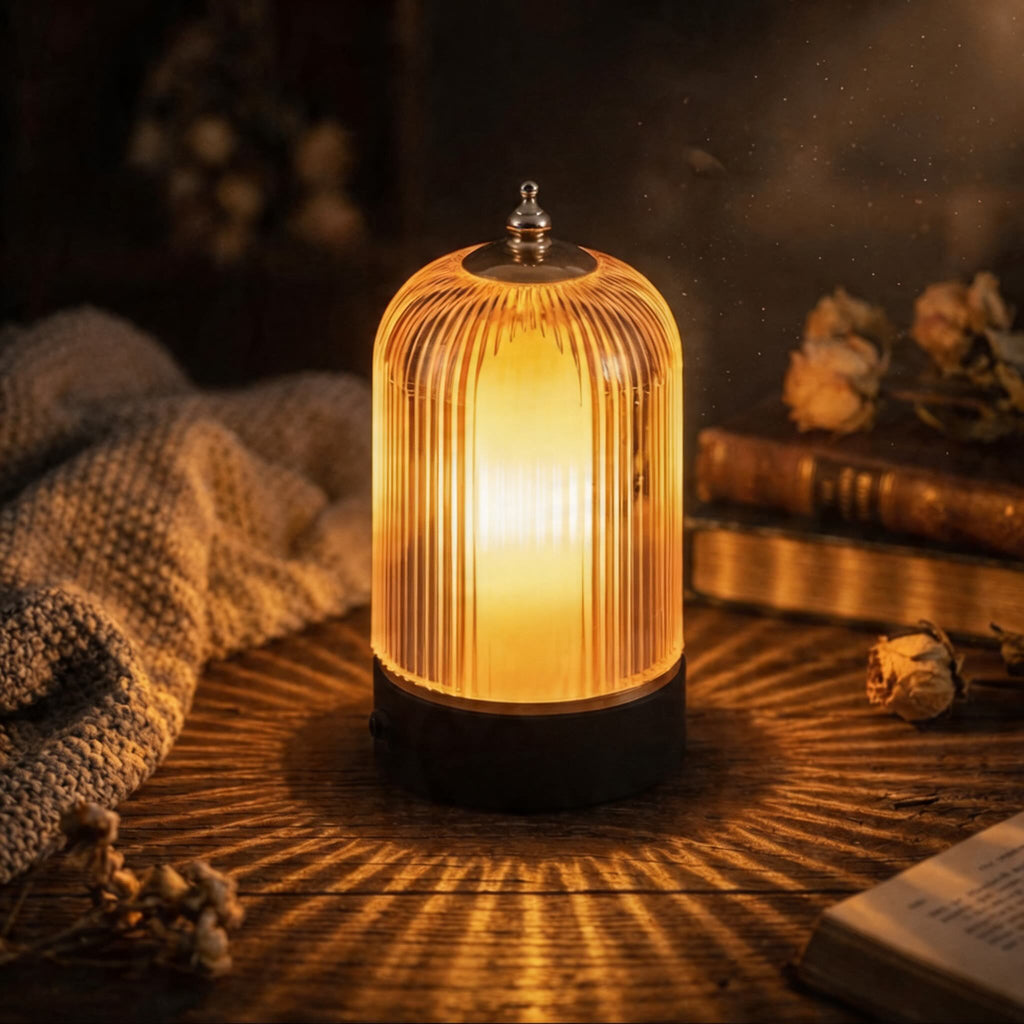 Modern Table Lamp—Ribbed Glass, Adjustable Metal Base, Dimmable LED Light