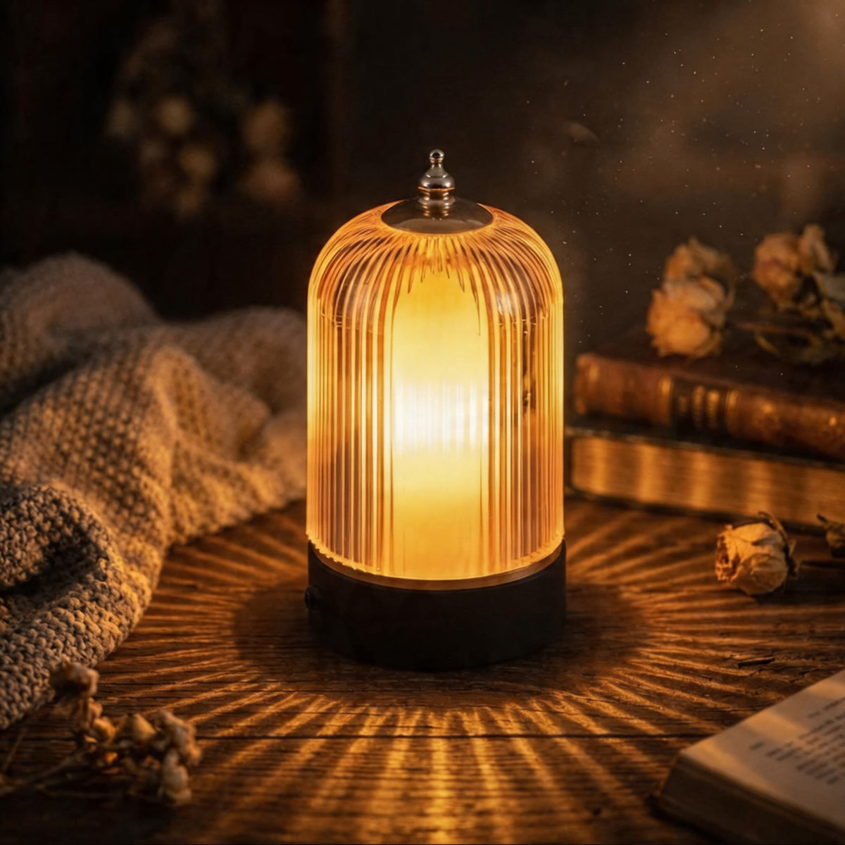Modern Table Lamp—Ribbed Glass, Adjustable Metal Base, Dimmable LED Light