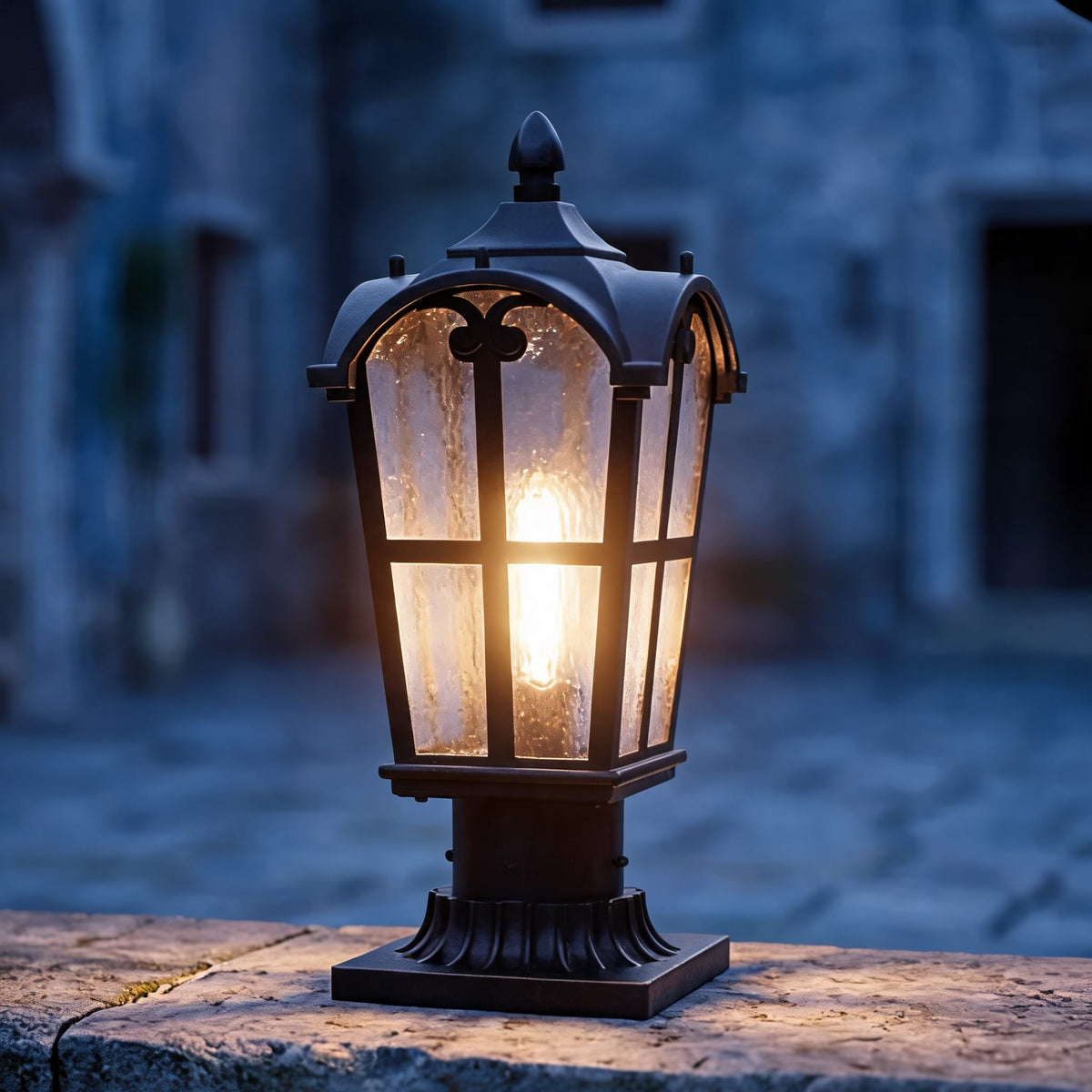 Lampă modernă de exterior pentru stâlp - bază de montare pe pilon din metal de fier, abajur din sticlă transparentă, reglabilă
