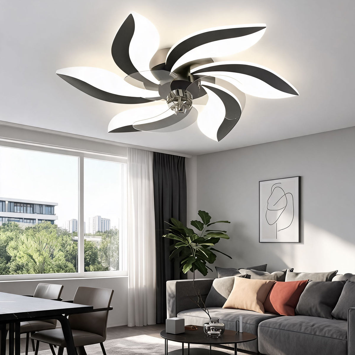 Ventilatore da soffitto moderno a filo soffitto, struttura in ferro e acrilico, illuminazione LED regolabile