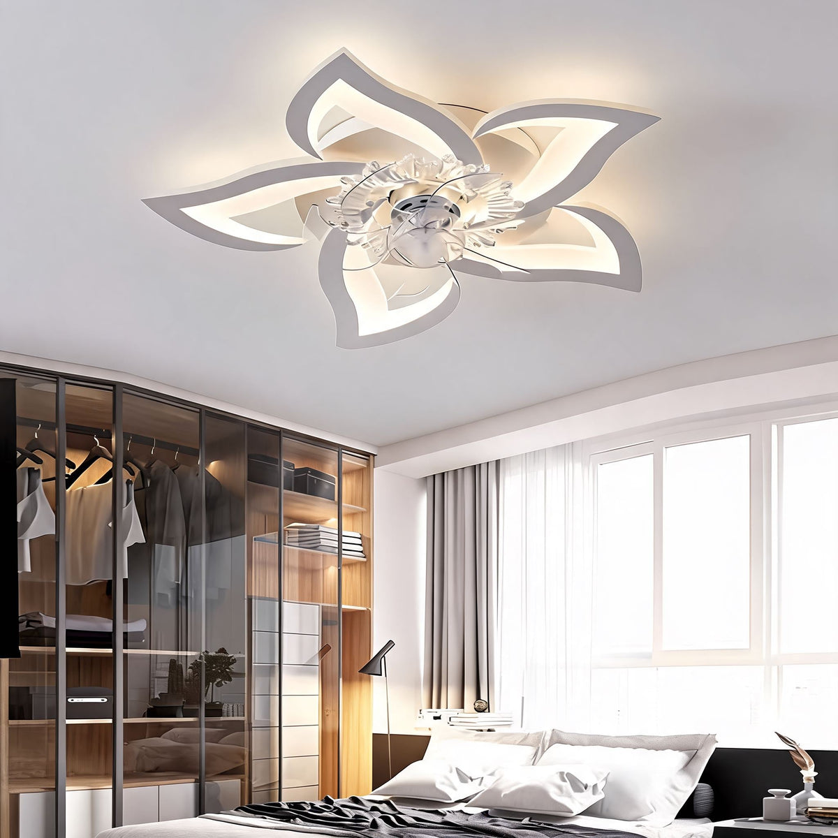Ventilatore da soffitto moderno a filo soffitto, struttura in ferro e acrilico, illuminazione LED regolabile