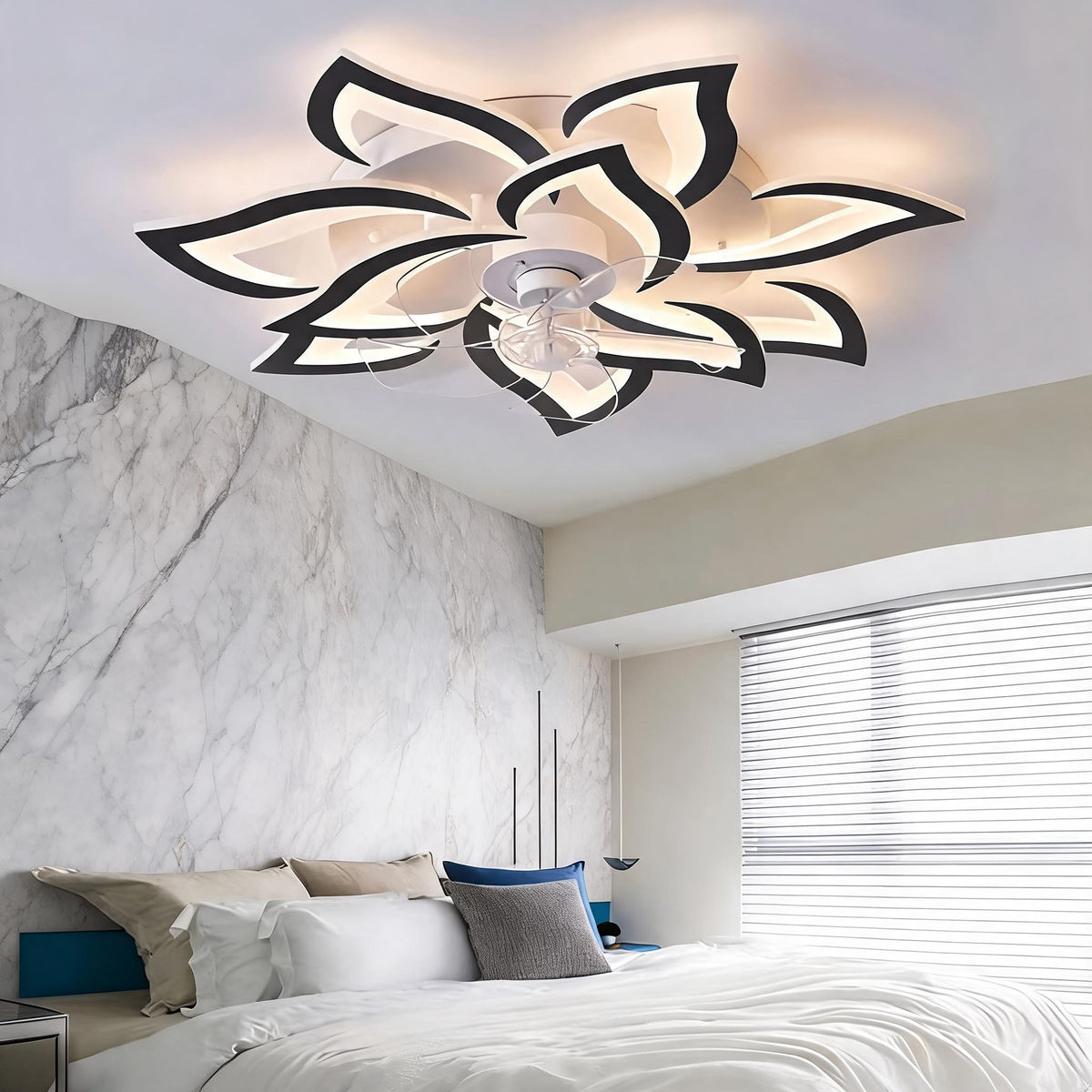 Ventilatore da soffitto moderno a filo soffitto, struttura in ferro e acrilico, illuminazione LED regolabile