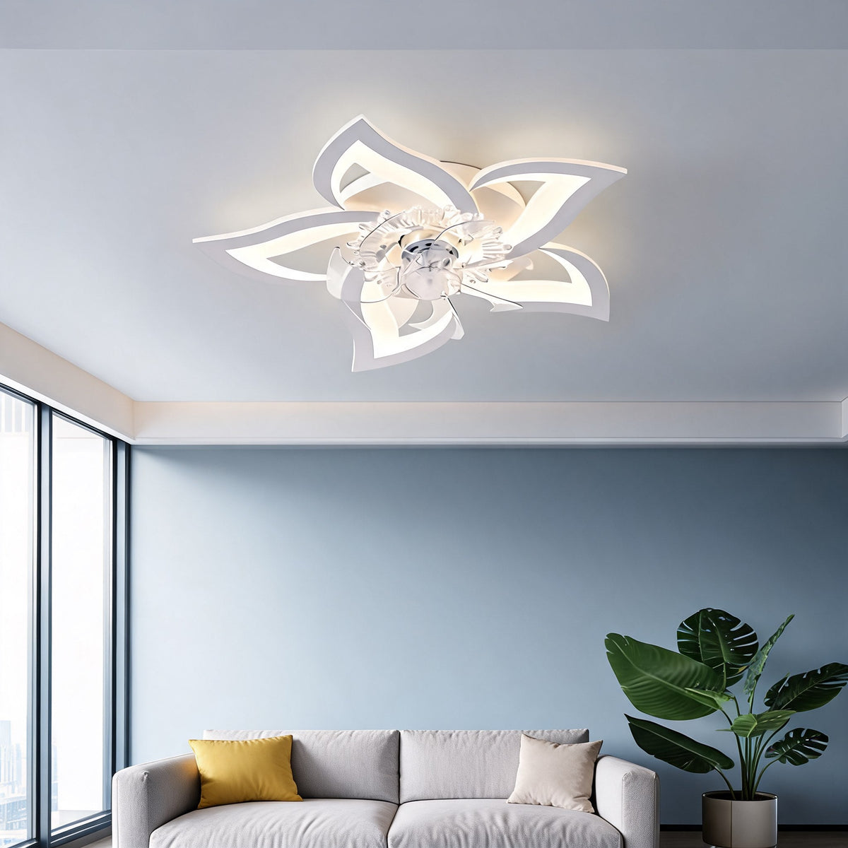 Ventilatore da soffitto moderno a filo soffitto, struttura in ferro e acrilico, illuminazione LED regolabile