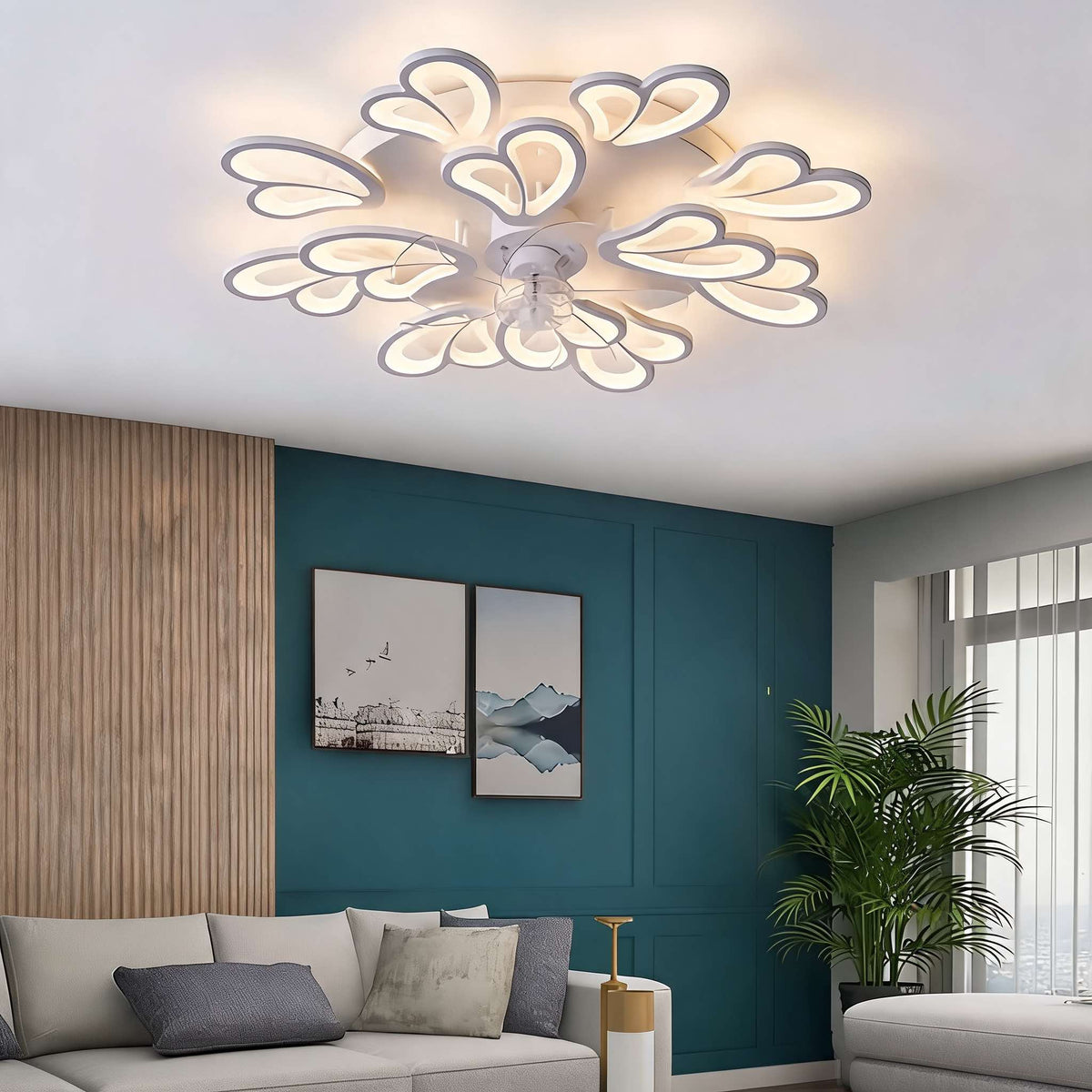 Ventilatore da soffitto moderno a filo soffitto, struttura in ferro e acrilico, illuminazione LED regolabile
