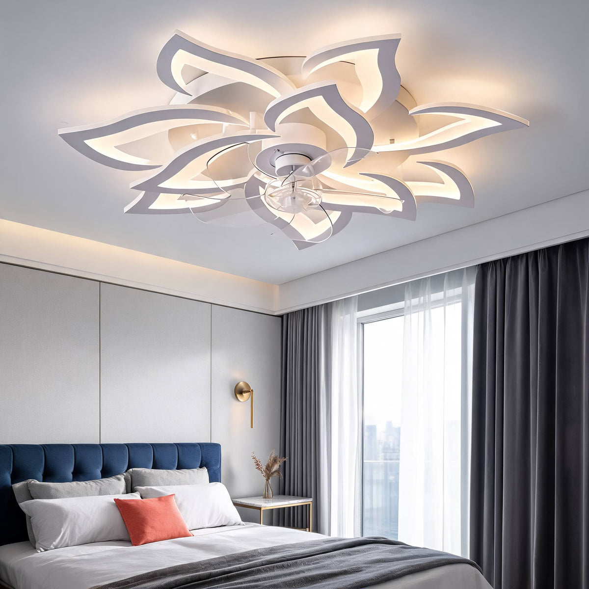 Ventilatore da soffitto moderno a filo soffitto, struttura in ferro e acrilico, illuminazione LED regolabile