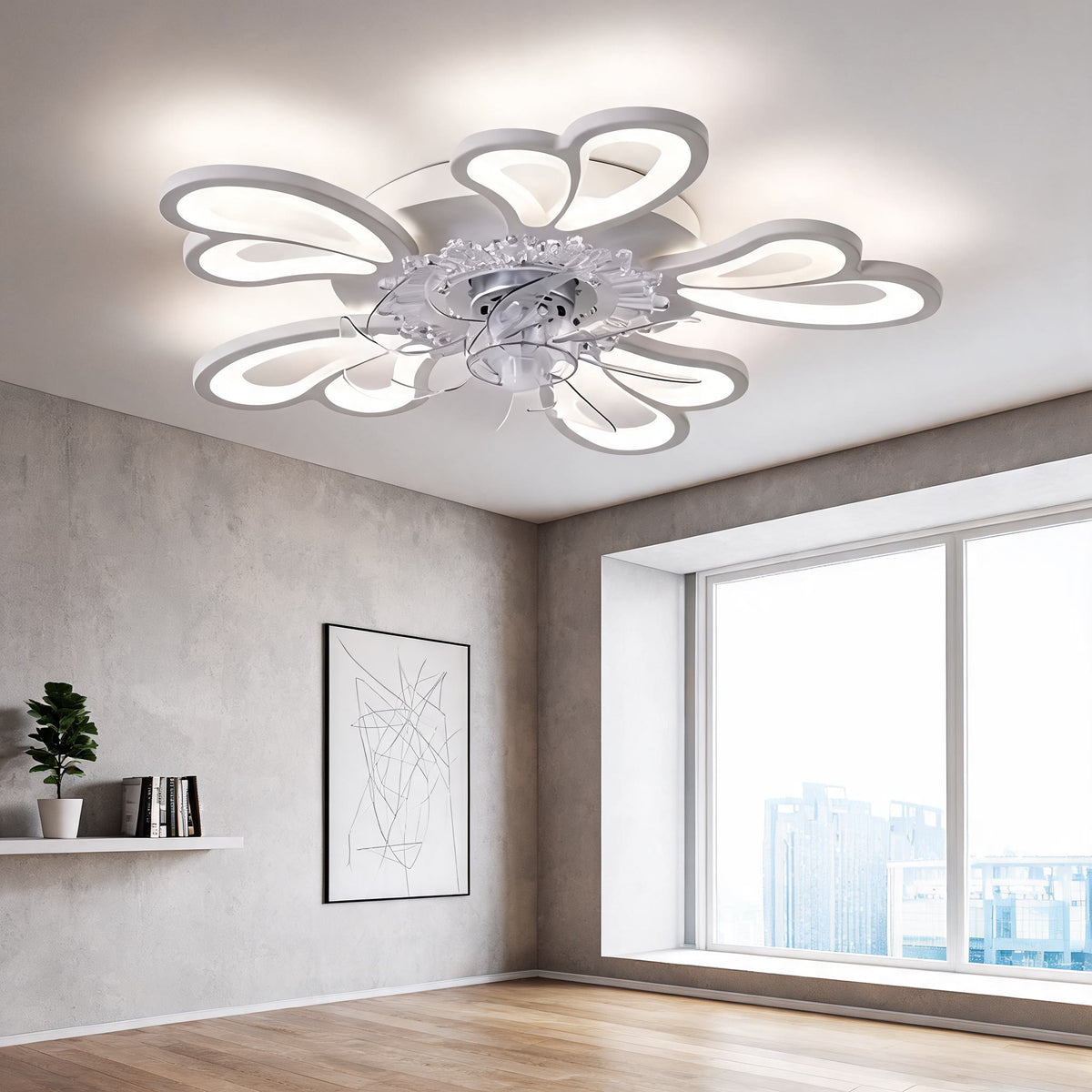 Ventilatore da soffitto moderno a filo soffitto, struttura in ferro e acrilico, illuminazione LED regolabile