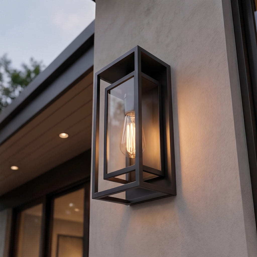 Modern utomhusvägglampa – svart aluminiumram, vädertålig skärm i härdat glas