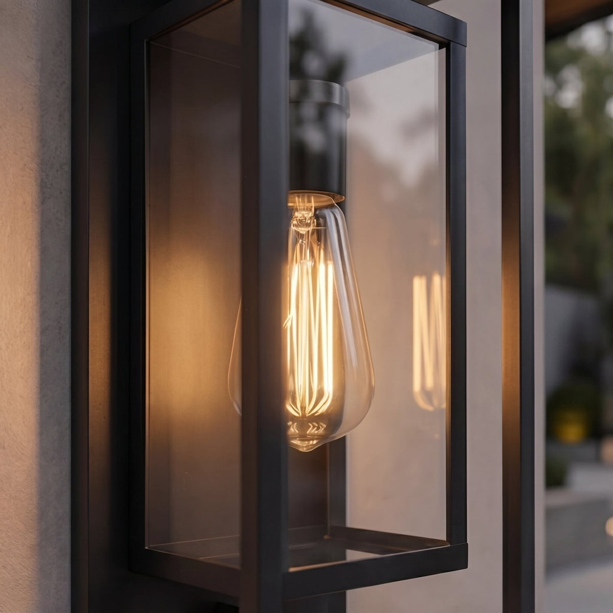 Modern utomhusvägglampa – svart aluminiumram, vädertålig skärm i härdat glas