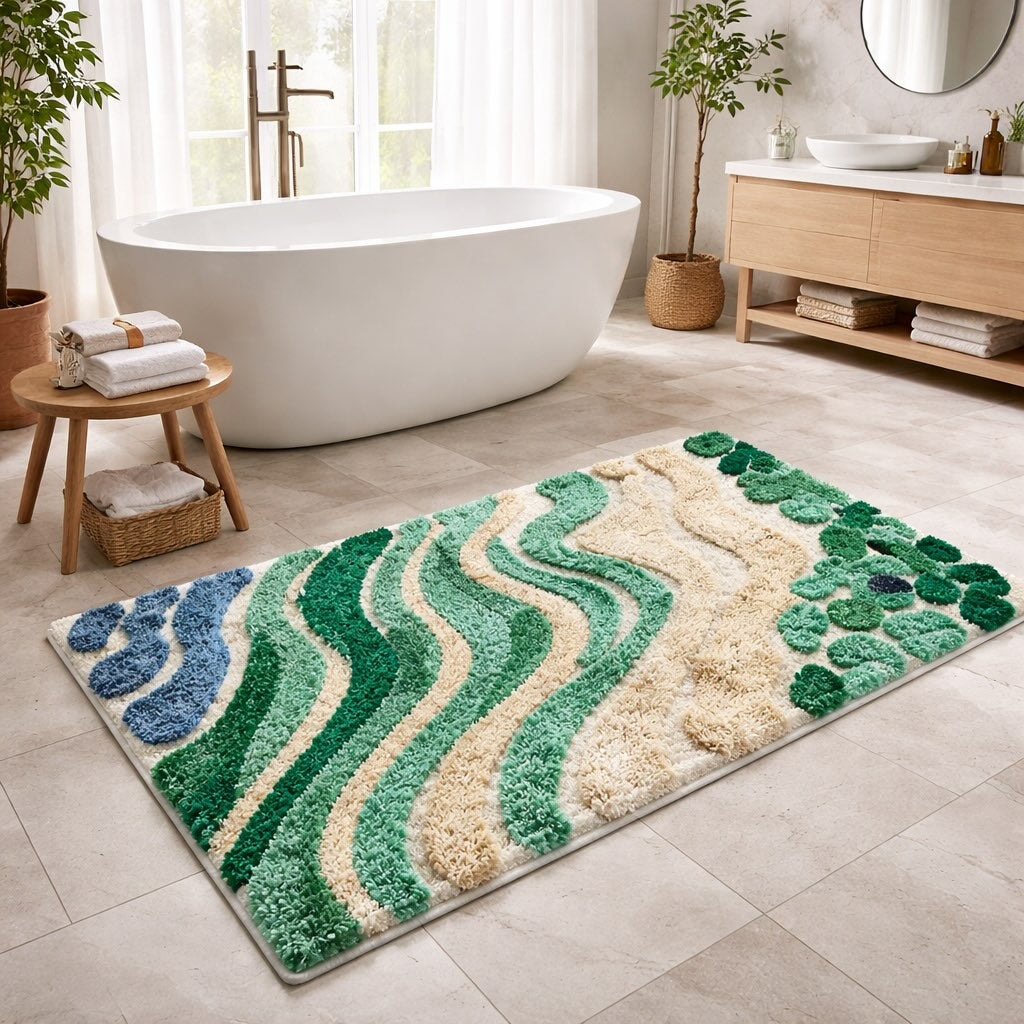 Modern Wavy Microfiber Bath Mat — Absorbent Texture, Secure Non-Slip Backing