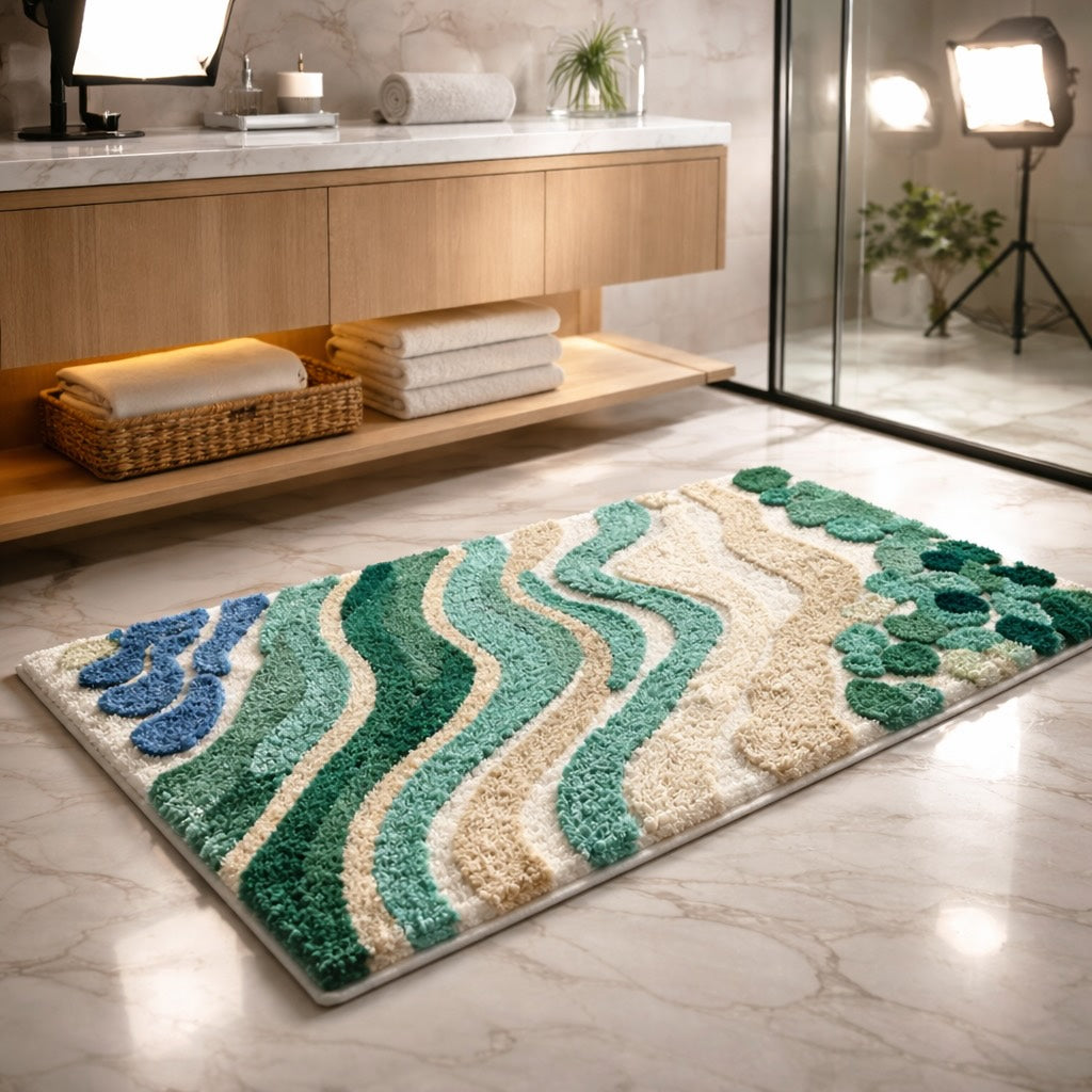 Modern Wavy Microfiber Bath Mat — Absorbent Texture, Secure Non-Slip Backing