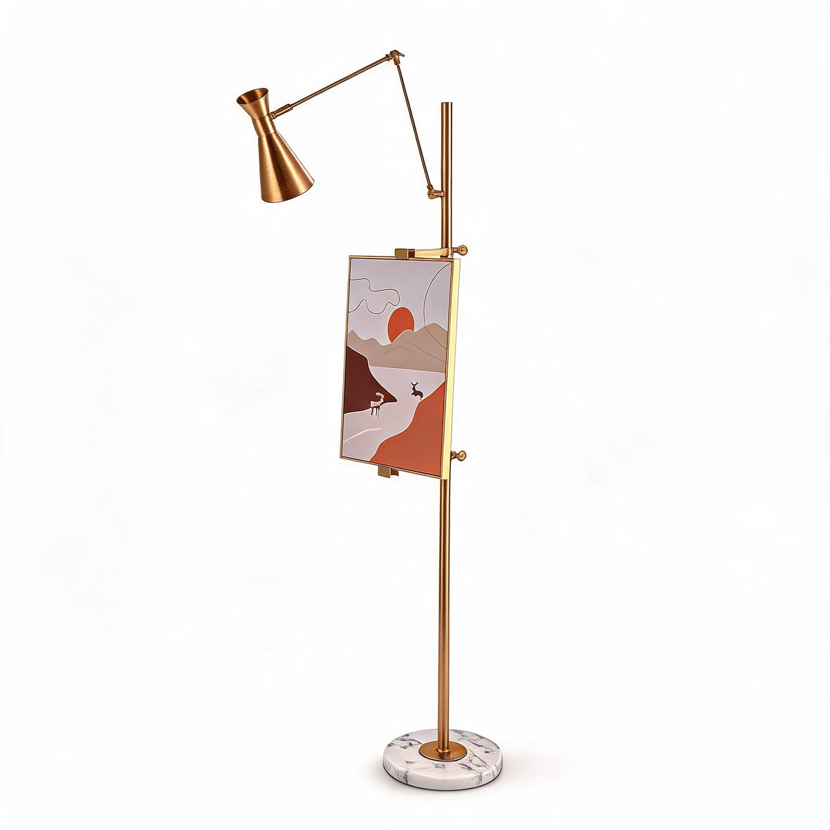 Modern Floor Lamp — Adjustable Height, Gold Metal Finish, White Marble Base