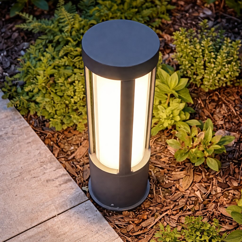 Moderne Aluminium-Pollerleuchte – Zylindrische Bodenmontage, Outdoor-LED, wasserdicht, 3000K warmweiß