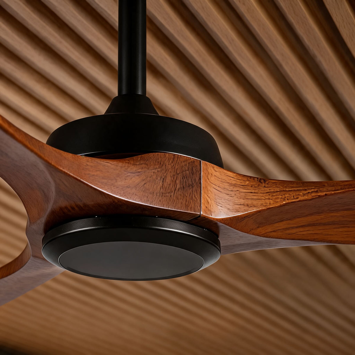 Modern Outdoor Ceiling Fan — Walnut Wood Blades, IP65 Waterproof Rating, 6-Speed Motor