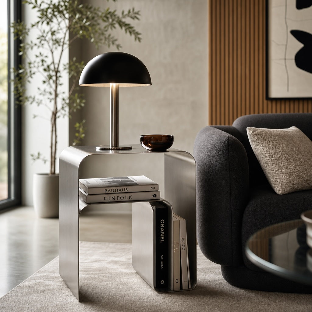 Tavolino laterale moderno e minimalista in acciaio inossidabile — design compatto con finitura a specchio lucida