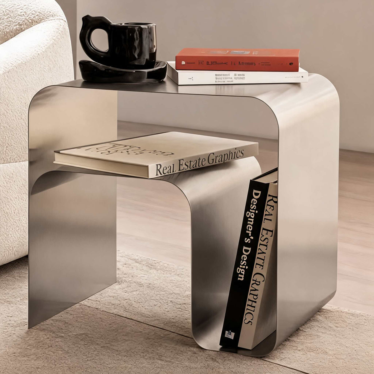 Tavolino laterale moderno e minimalista in acciaio inossidabile — design compatto con finitura a specchio lucida