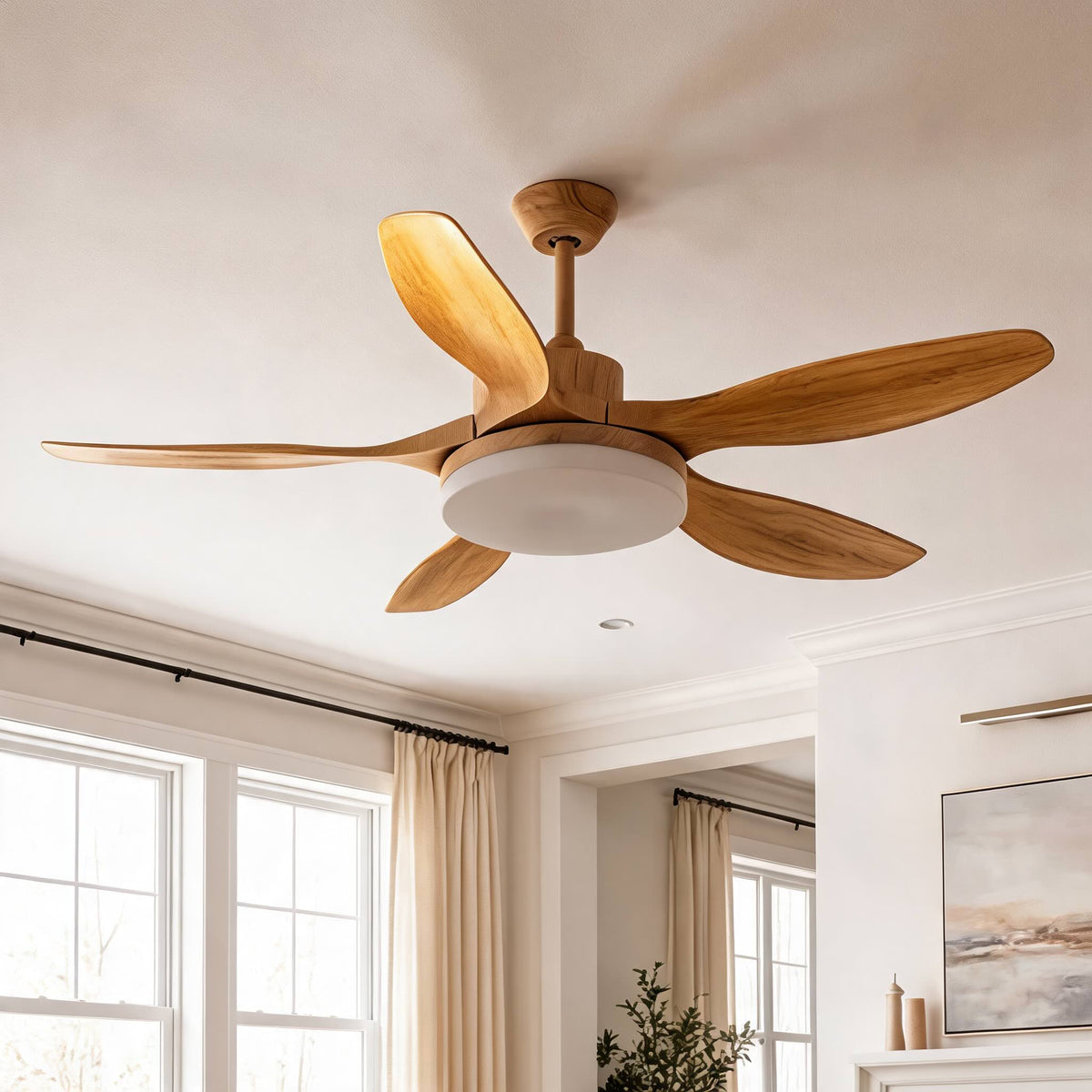 Moderne Deckenleuchte mit Deckenventilator und 5 Flügeln zur direkten Montage - Metallrahmen, einstellbare LED, Fernbedienung
