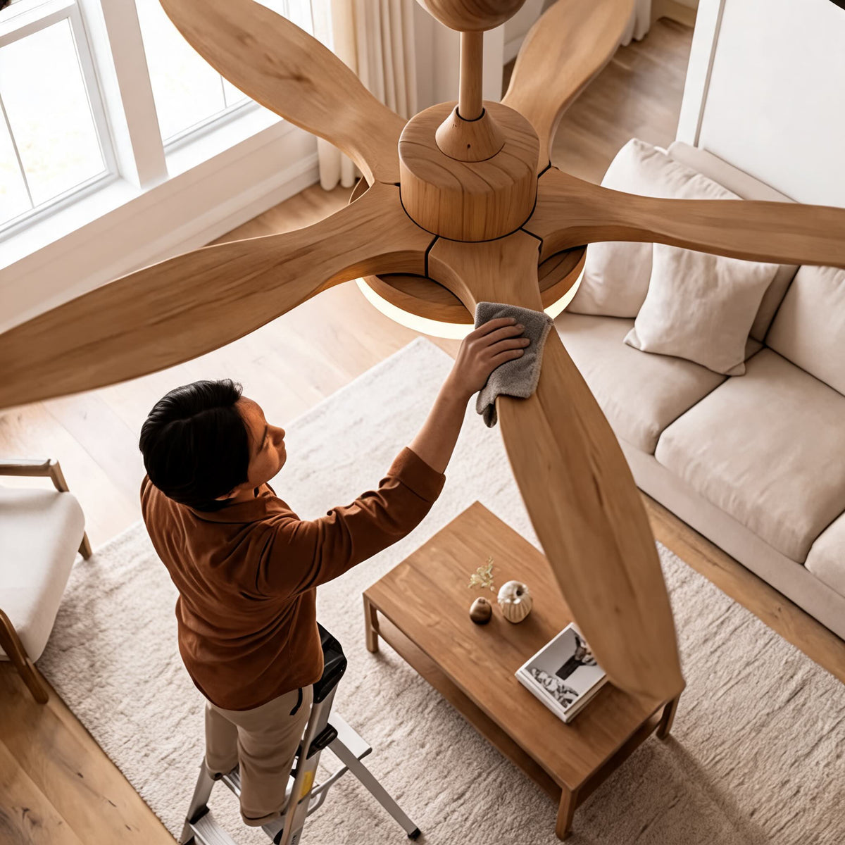 Moderne Deckenleuchte mit Deckenventilator und 5 Flügeln zur direkten Montage - Metallrahmen, einstellbare LED, Fernbedienung