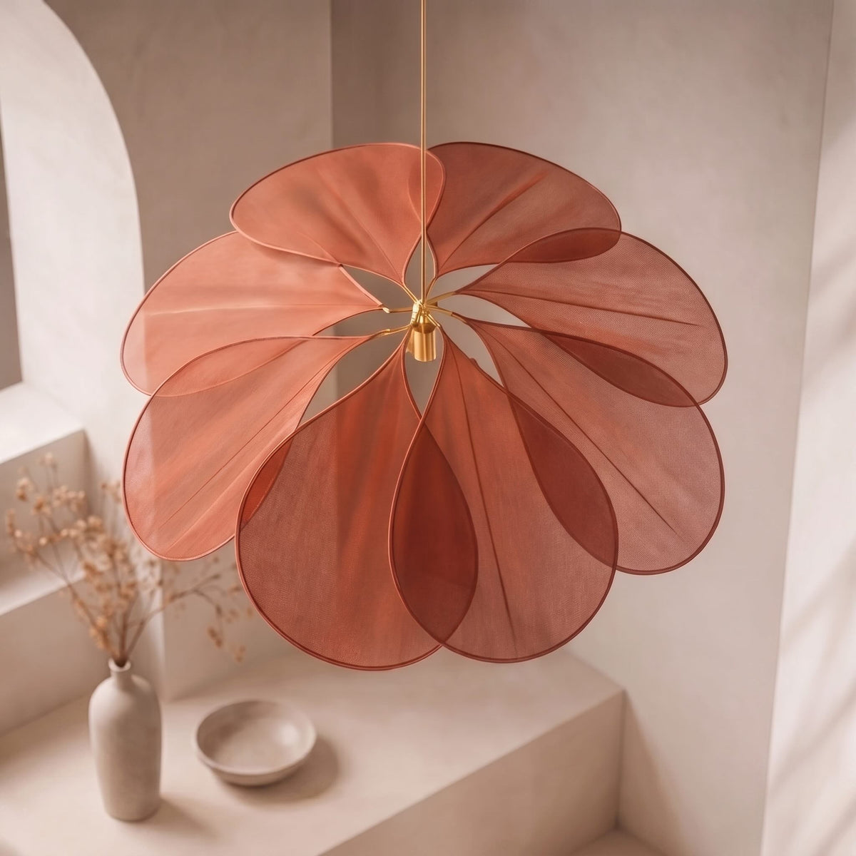 Modern blomformad pendellampa — justerbar upphängning, tygskärm, metall, kompatibel med LED-lampa, E27-lampa