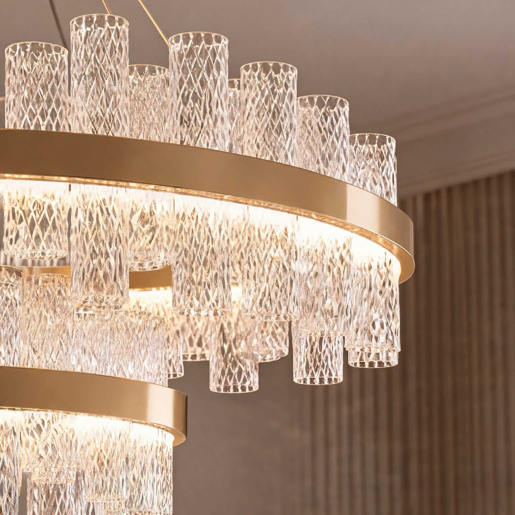 Modern LED Chandelier — Crackled Glass Shade, Stainless Steel Frame, Adjustable Suspension