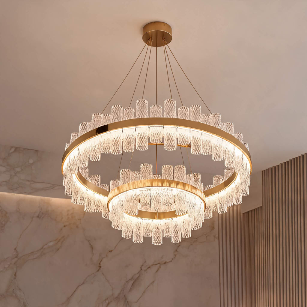 Modern LED Chandelier — Crackled Glass Shade, Stainless Steel Frame, Adjustable Suspension