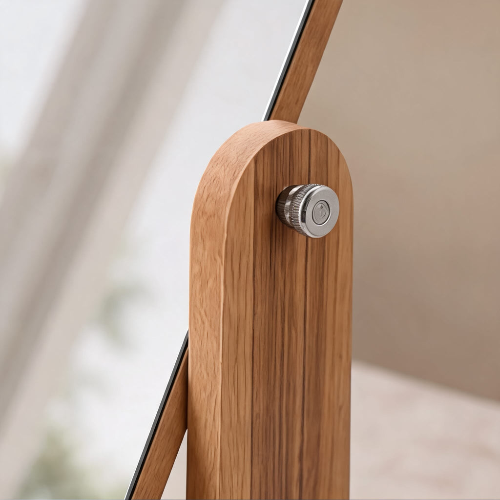Modern Wooden Makeup Mirror — 360° Rotating Pivot, Compact Frame, Solid Weighted Base