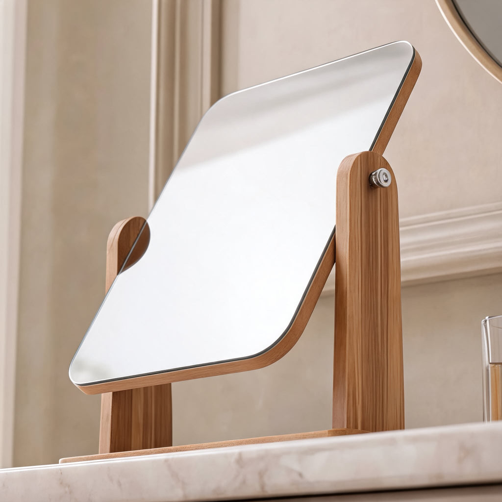 Modern Wooden Makeup Mirror — 360° Rotating Pivot, Compact Frame, Solid Weighted Base