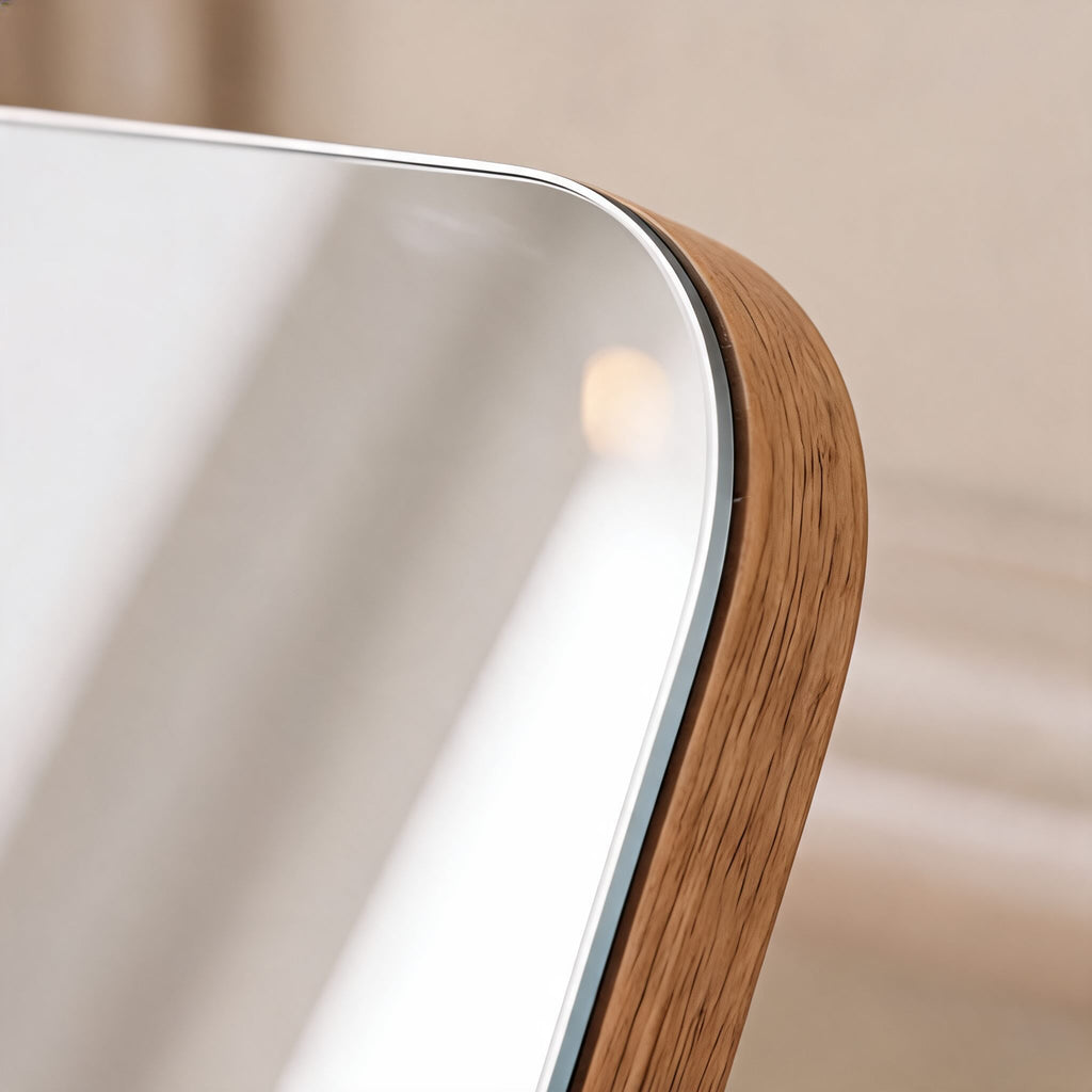 Modern Wooden Makeup Mirror — 360° Rotating Pivot, Compact Frame, Solid Weighted Base