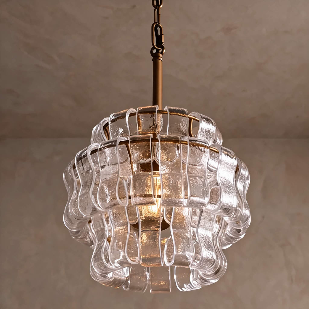 Modern Green Tiered Glass Pendant Light — Brass Hanging Fixture, Adjustable Height