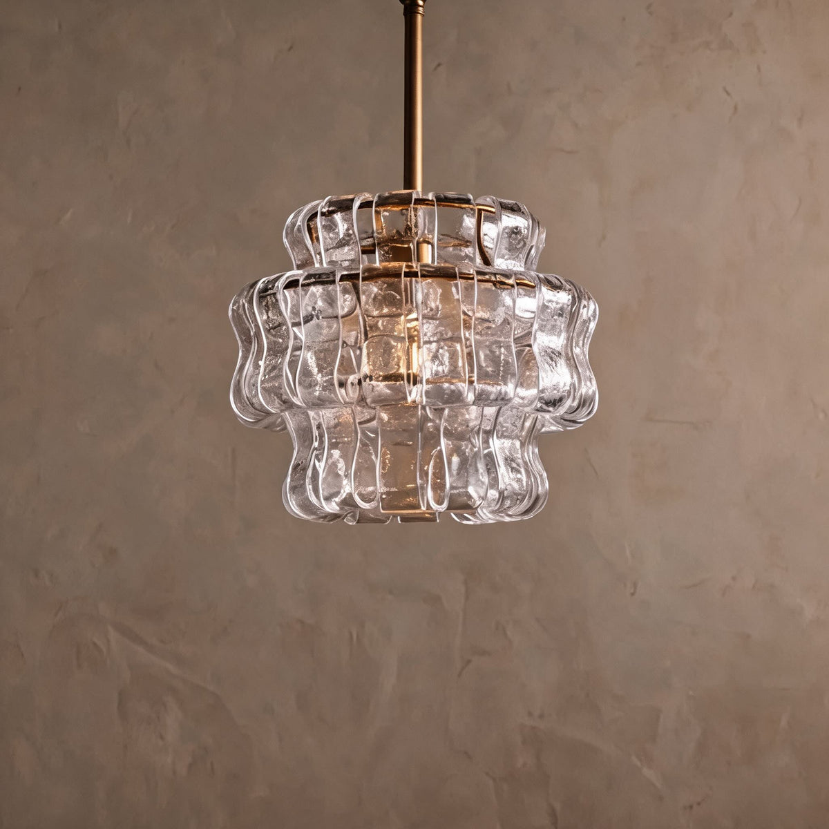 Modern Green Tiered Glass Pendant Light — Brass Hanging Fixture, Adjustable Height