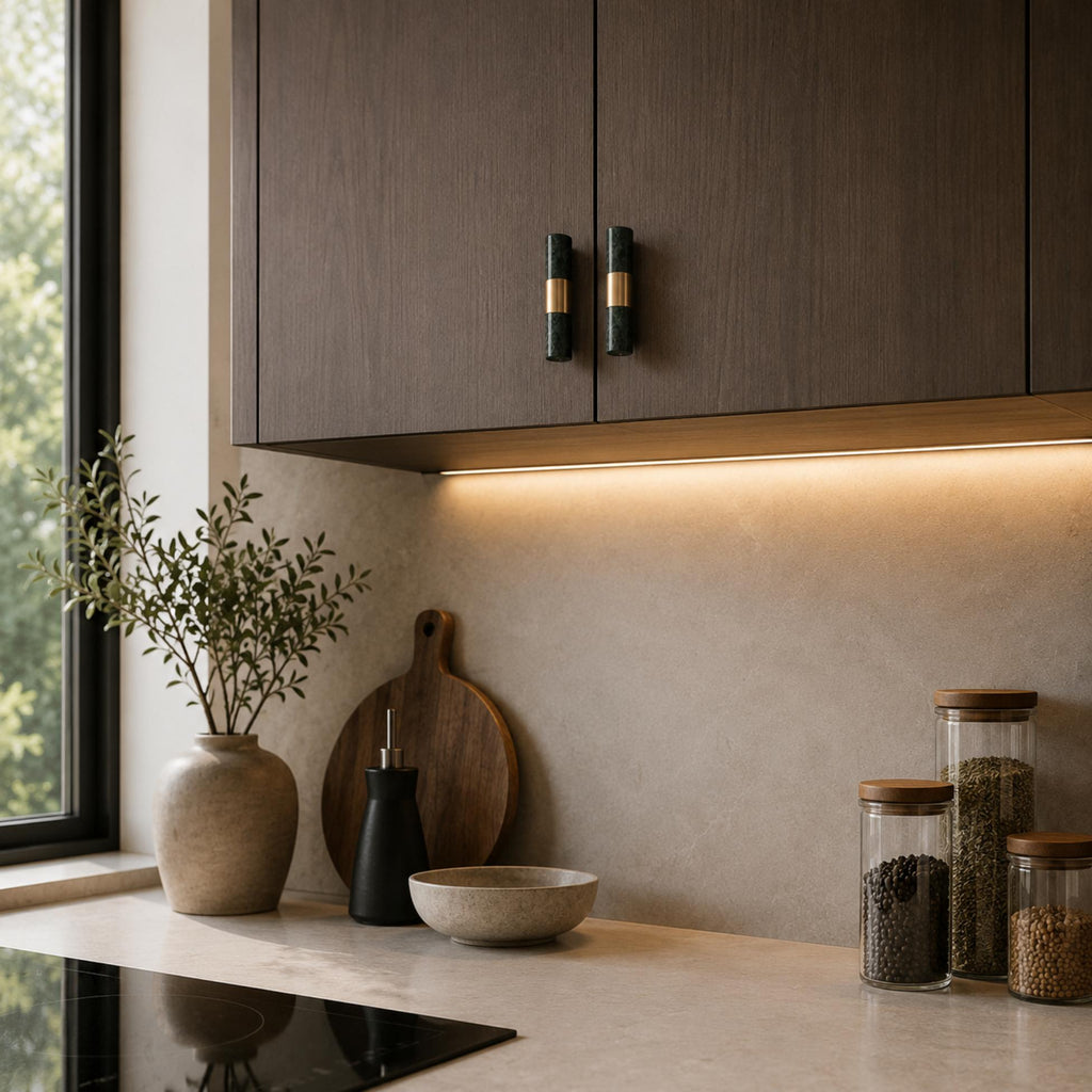Set med moderna skåpsknoppar och lådhandtag i marmor och mässing — ergonomisk design