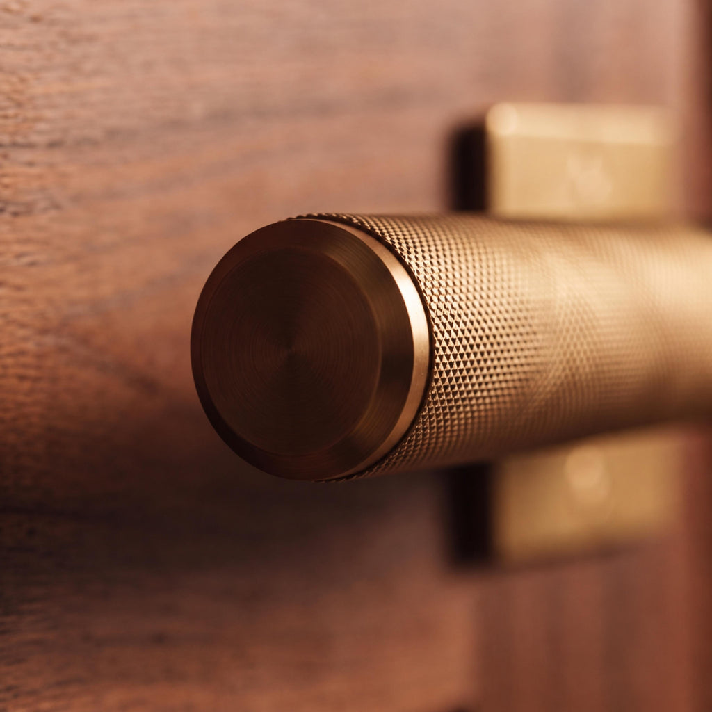 Modern Brass Door Handle — Knurled Grip, Square or Round Rosette, Smooth Cycle Hardware