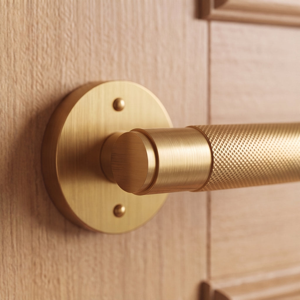 Modern Brass Door Handle — Knurled Grip, Square or Round Rosette, Smooth Cycle Hardware