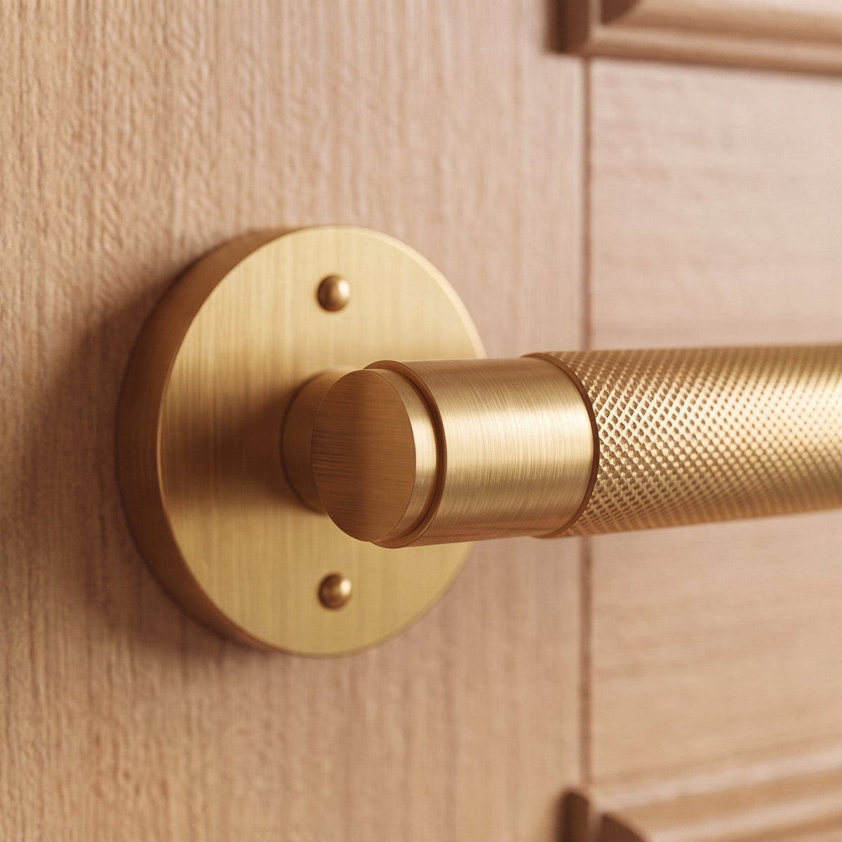 Modern Brass Door Handle — Knurled Grip, Square or Round Rosette, Smooth Cycle Hardware