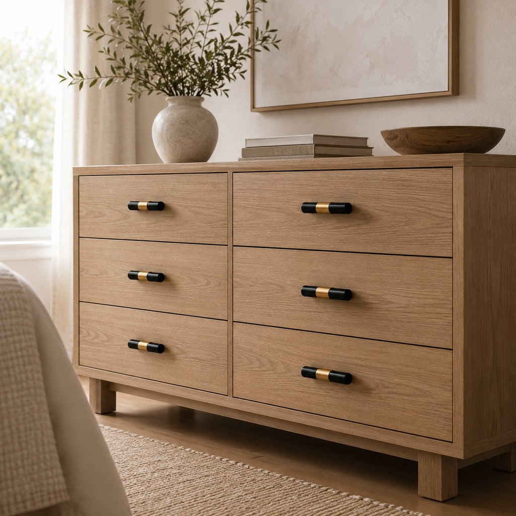 Set med moderna skåpsknoppar och lådhandtag i marmor och mässing — ergonomisk design
