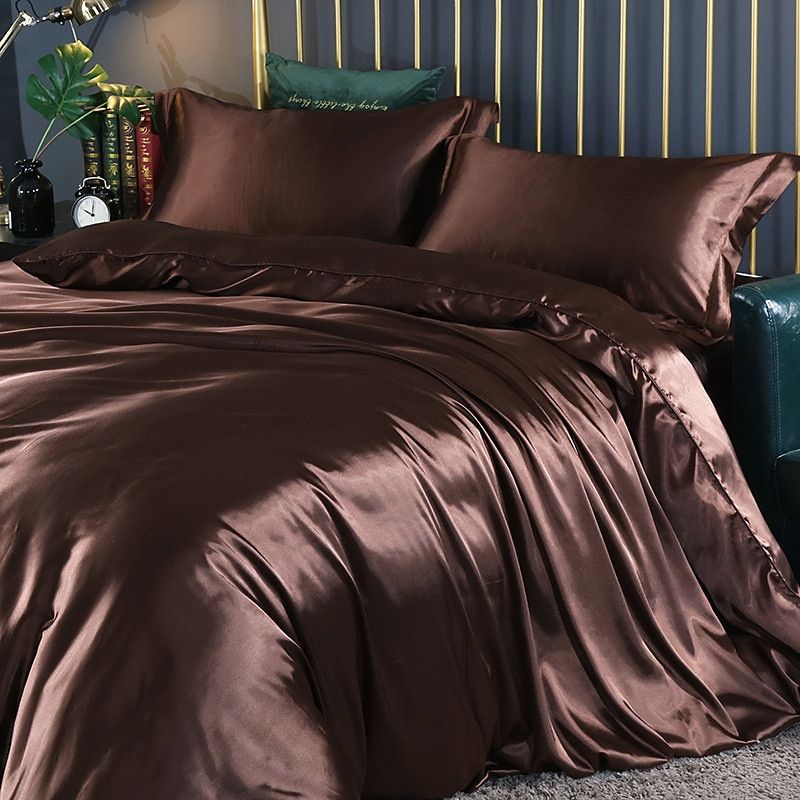 Ensemble de literie en soie/satin 4 pièces — Housse de couette, 2 taies d’oreiller, drap