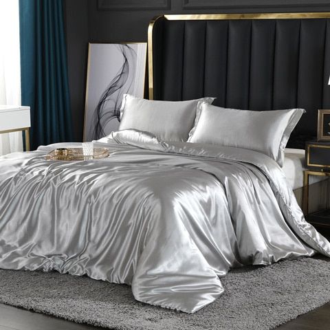 Ensemble de literie en soie/satin 4 pièces — Housse de couette, 2 taies d’oreiller, drap