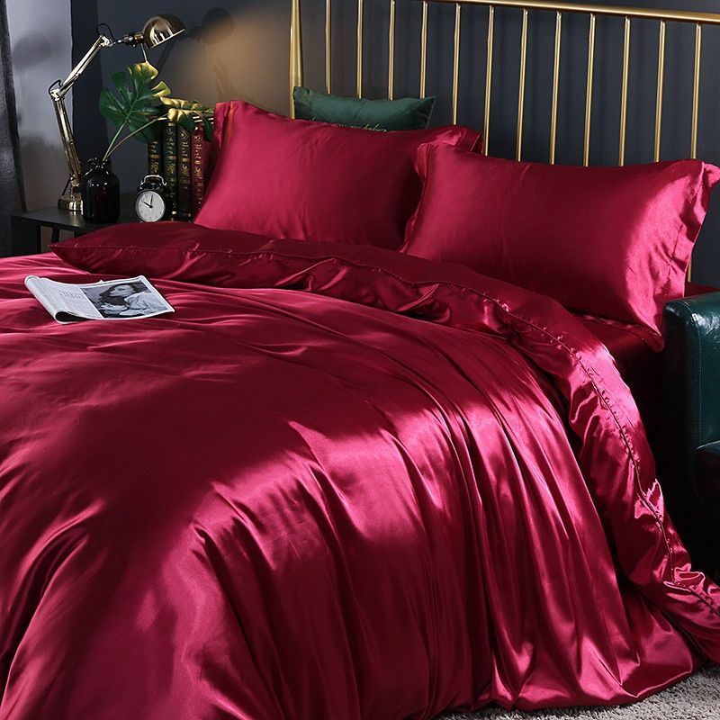 Ensemble de literie en soie/satin 4 pièces — Housse de couette, 2 taies d’oreiller, drap