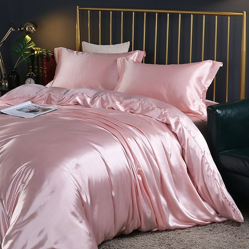 Ensemble de literie en soie/satin 4 pièces — Housse de couette, 2 taies d’oreiller, drap