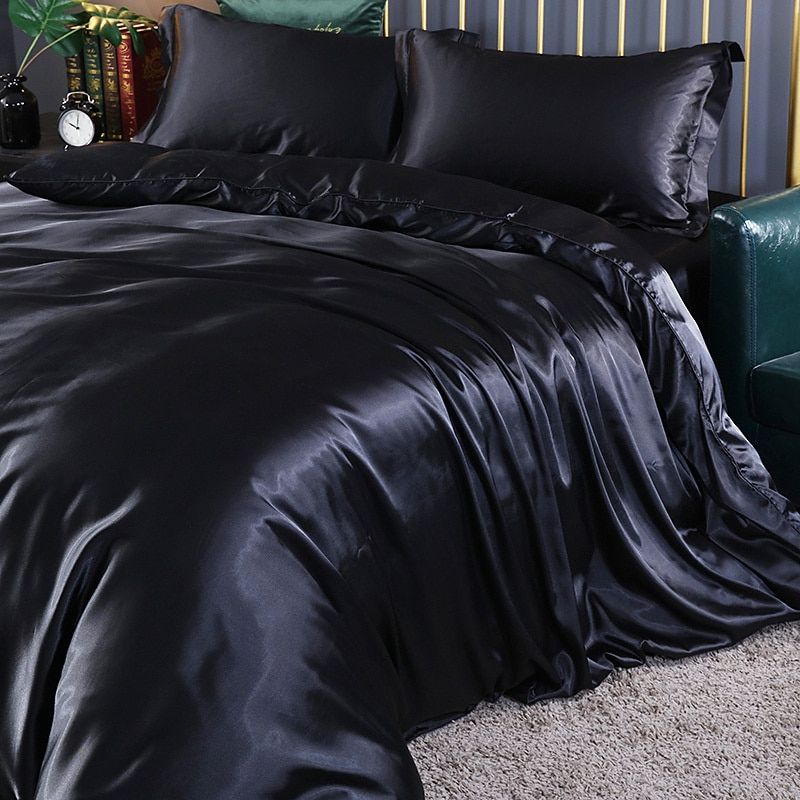 Ensemble de literie en soie/satin 4 pièces — Housse de couette, 2 taies d’oreiller, drap