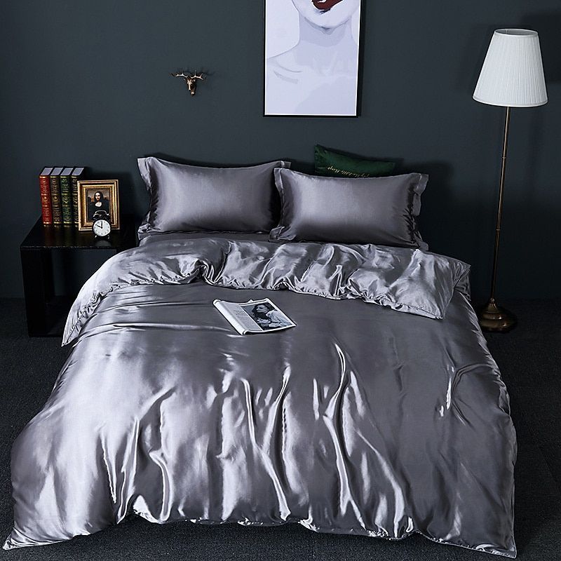 Ensemble de literie en soie/satin 4 pièces — Housse de couette, 2 taies d’oreiller, drap