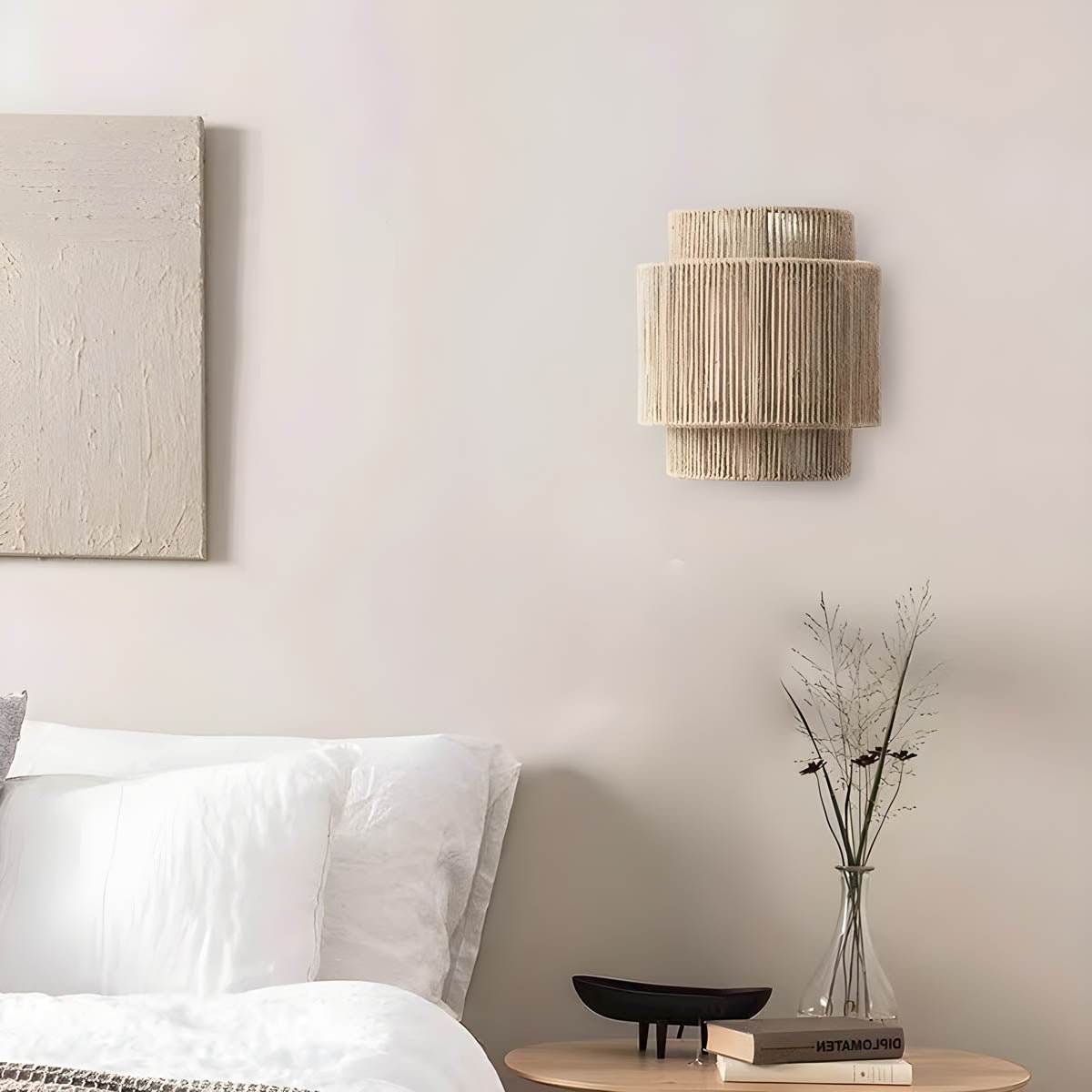Minimalistisk japanskinspireret LED-væglampe, design i naturreb og varmt skær
