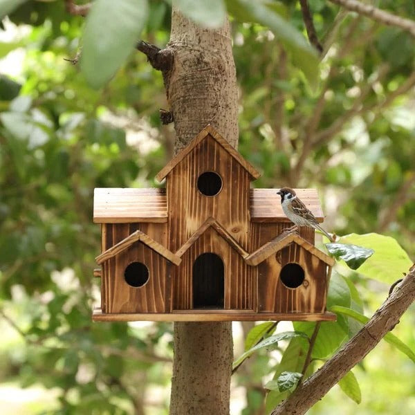 Handmade Wooden Birdhouse — 6 Entry Holes for Smaller Birds