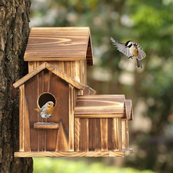 Handmade Wooden Birdhouse — 6 Entry Holes for Smaller Birds