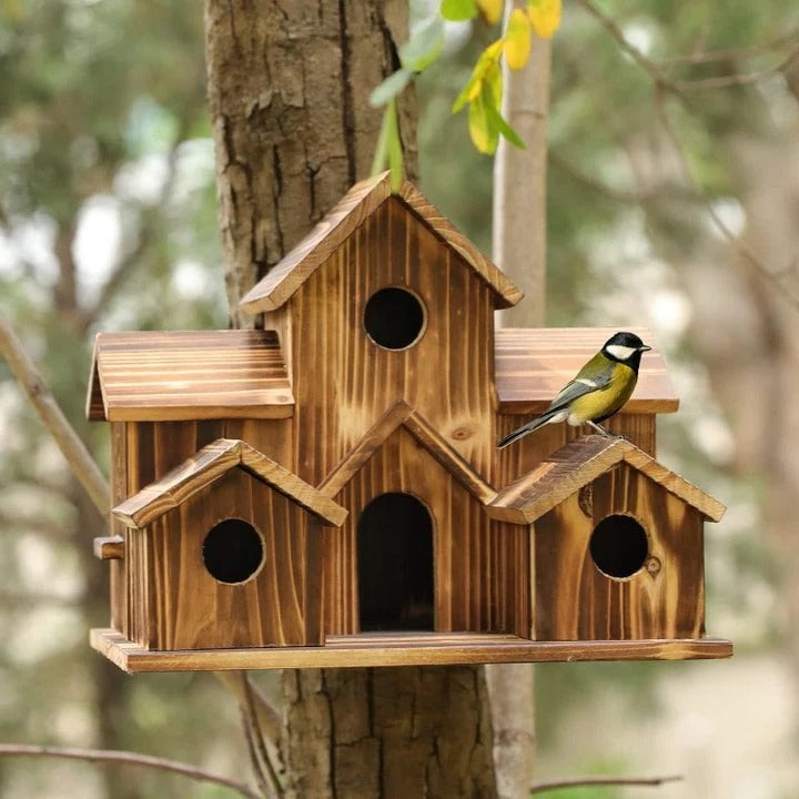 Handmade Wooden Birdhouse — 6 Entry Holes for Smaller Birds