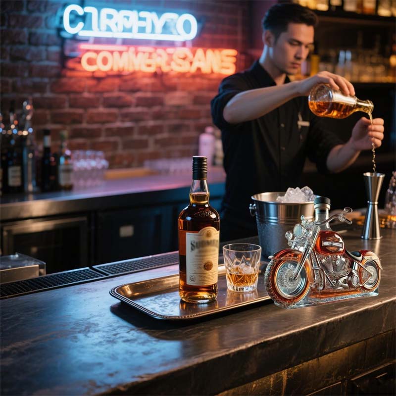 Harley motorkerékpár formájú whiskey-kancsó – klasszikus sziluettű italosüveg-dísz