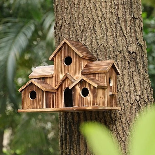 Handmade Wooden Birdhouse — 6 Entry Holes for Smaller Birds