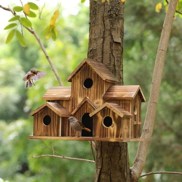 Handmade Wooden Birdhouse — 6 Entry Holes for Smaller Birds